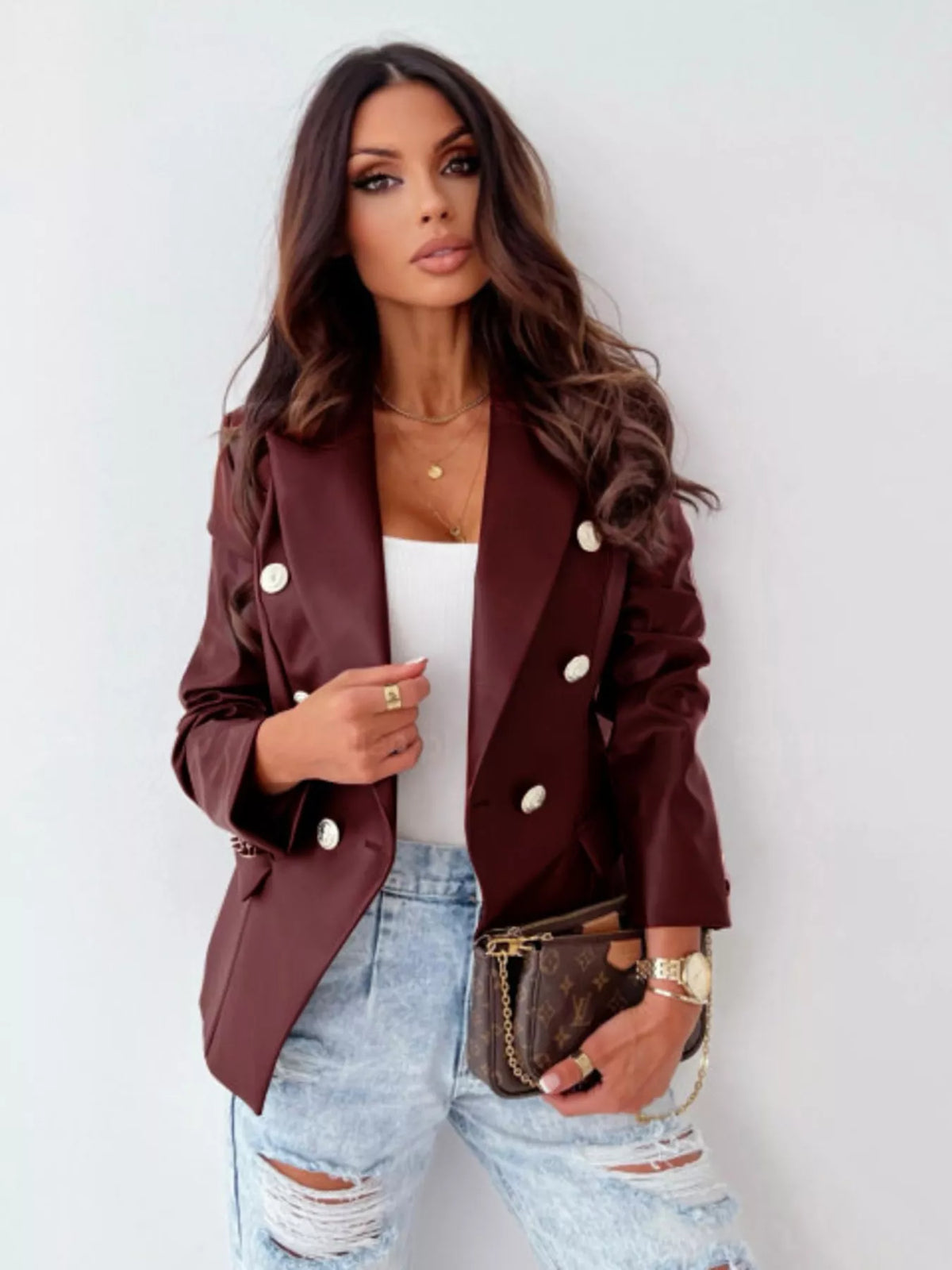 Lapel Collar Leather Blazer double-breasted design 
