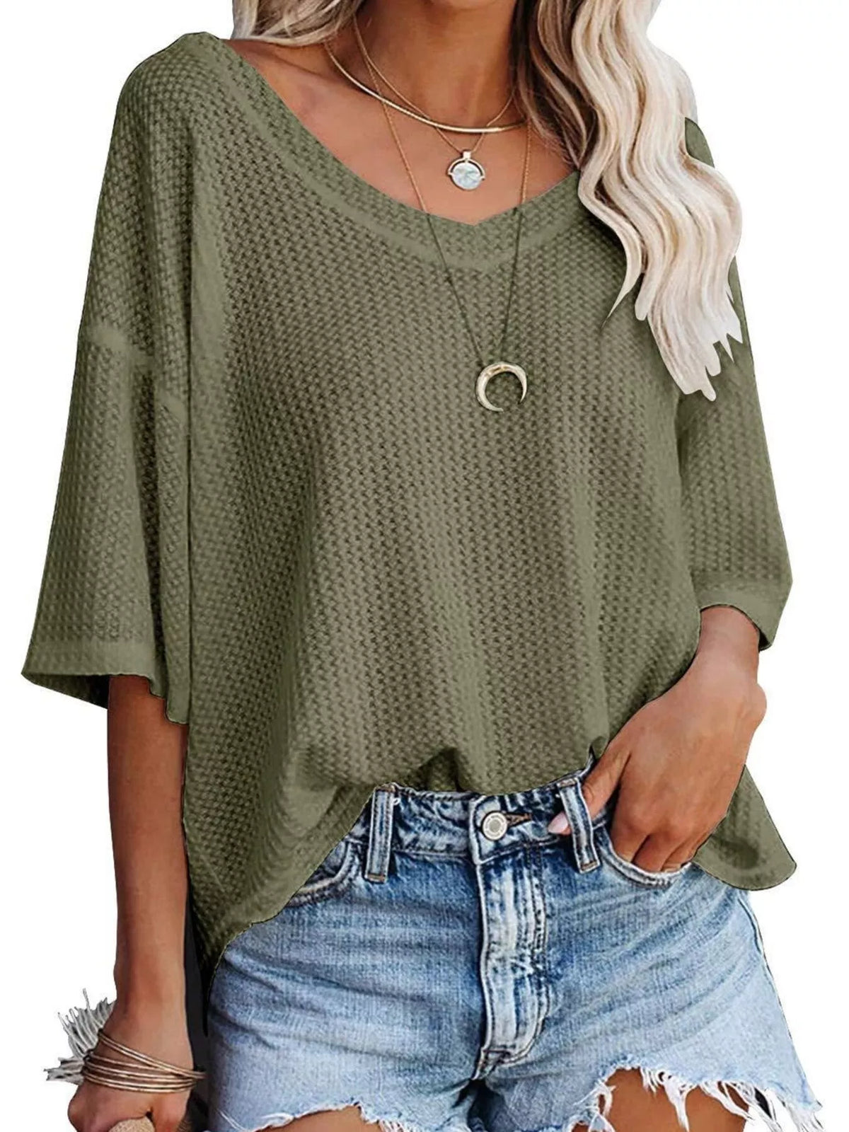 Waffle knit v-neck t-shirt casual outfit