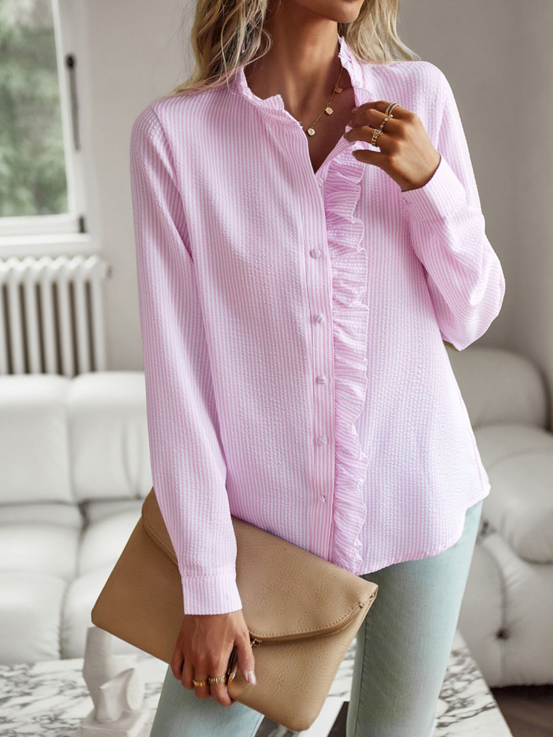 Devine Ruffle Trim Long Sleeve Shirt ruffle trim detail