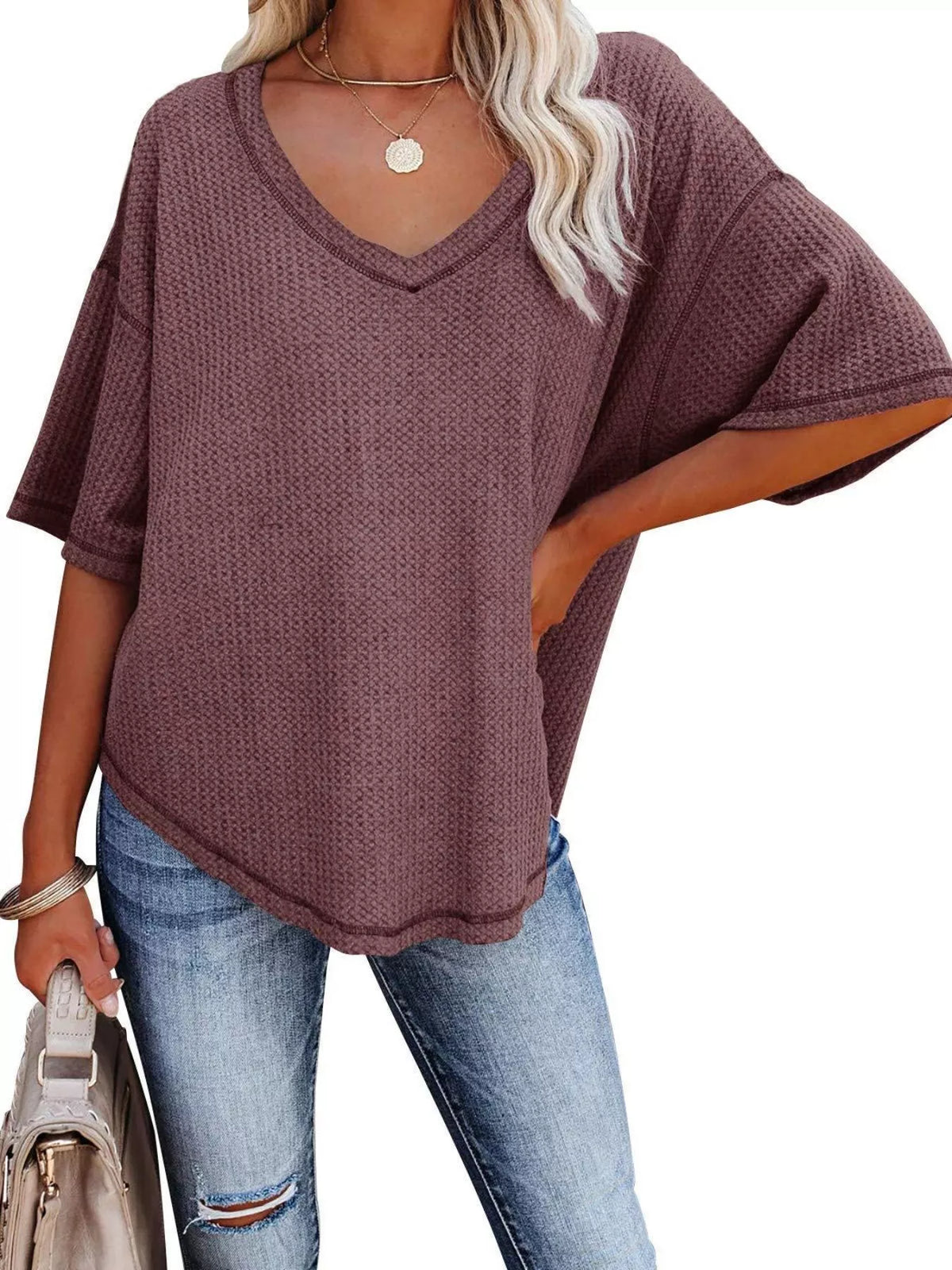 Waffle knit v-neck t-shirt casual outfit