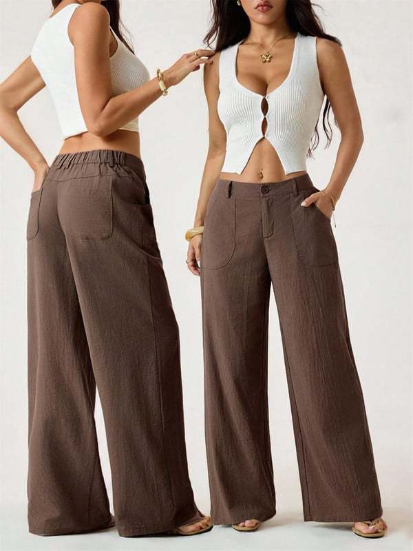 Cotton Linen Wide-Leg Pants worn by a model, showcasing stylish and casual women&