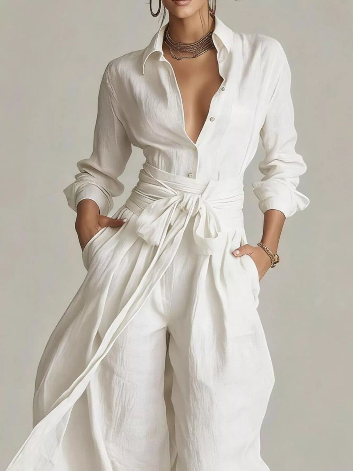 Back view of a woman wearing a Long-Sleeve Waist-Tie Jumpsuit in brown, showcasing its elegant design.