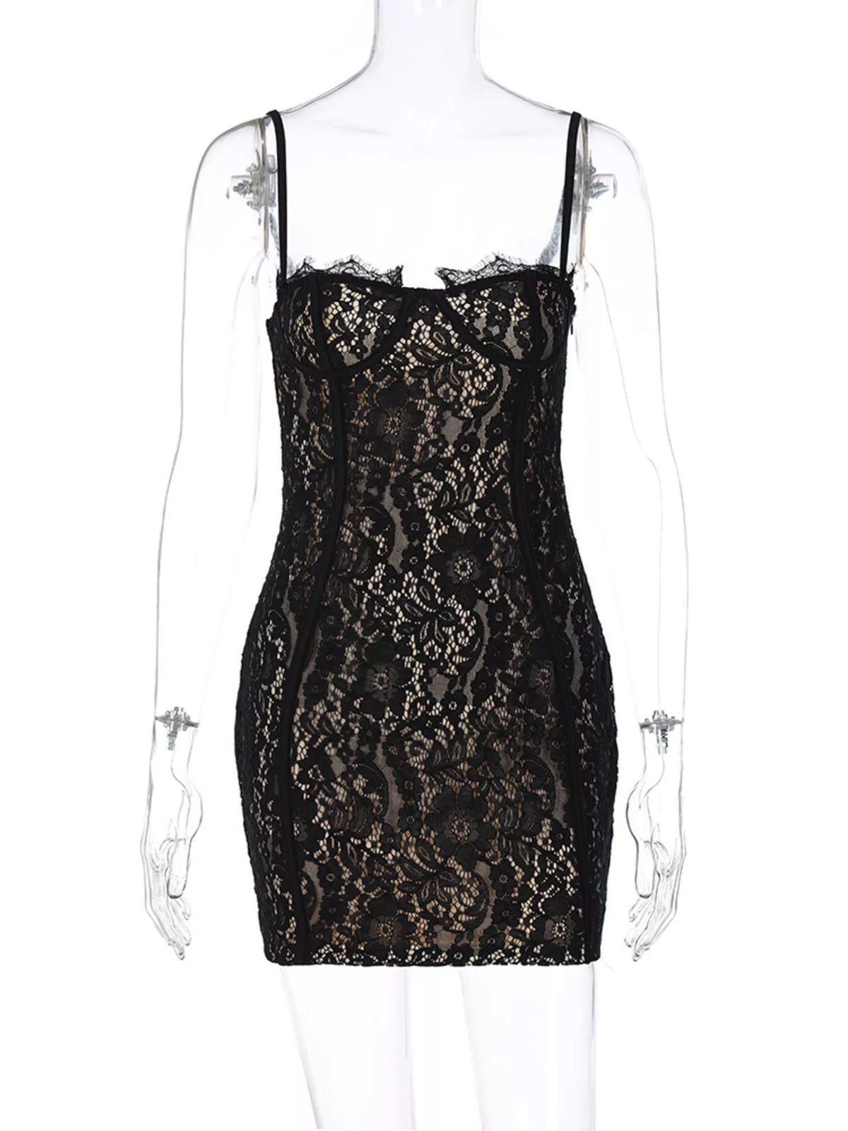 Lace spaghetti strap mini dress lace detail
