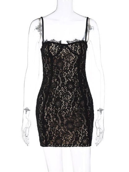 Lace spaghetti strap mini dress lace detail