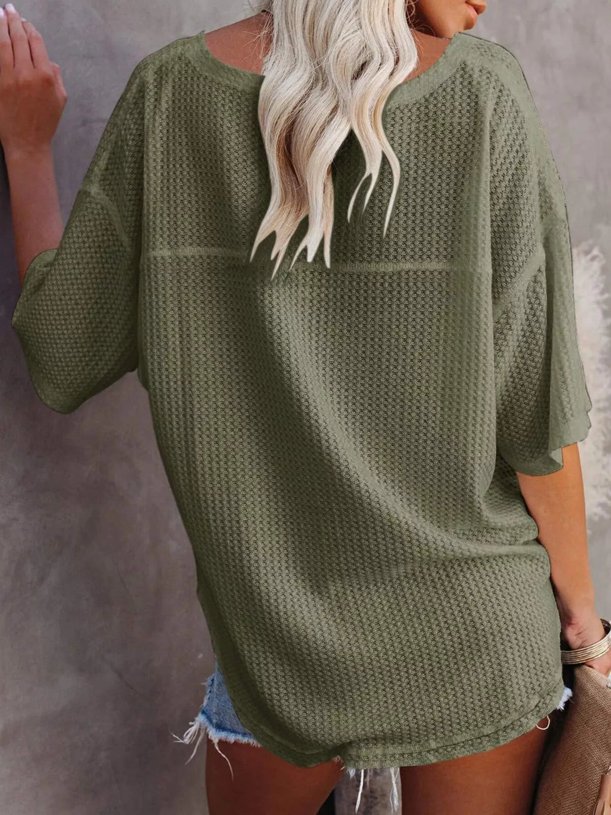 Waffle knit v-neck t-shirt casual outfit