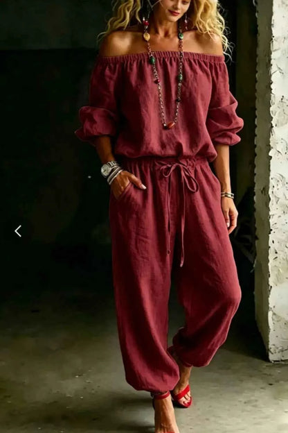 Elevate Your Style with Our Plus Size Off-Shoulder Set: Chic Top &amp; Pants Combo