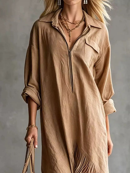 Fringe Hem Zip-Up Shirt Dress women&