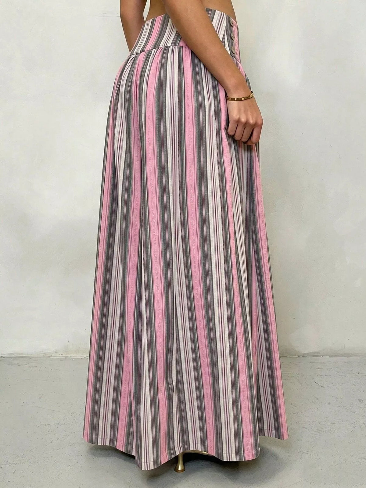 High-Waisted Striped Wide-Leg Pants in pink and green stripes, featuring a wide-leg design and flattering high waist.