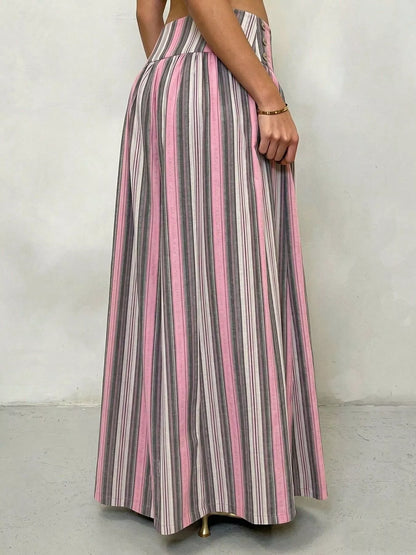 High-Waisted Striped Wide-Leg Pants in pink and green stripes, featuring a wide-leg design and flattering high waist.