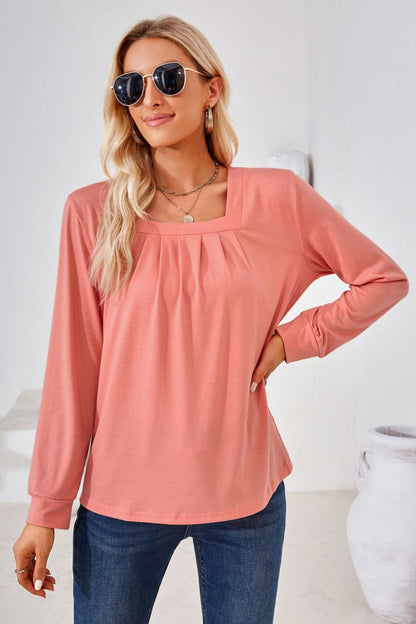 Square Neck Ruched Long Sleeve Blouse long sleeve design