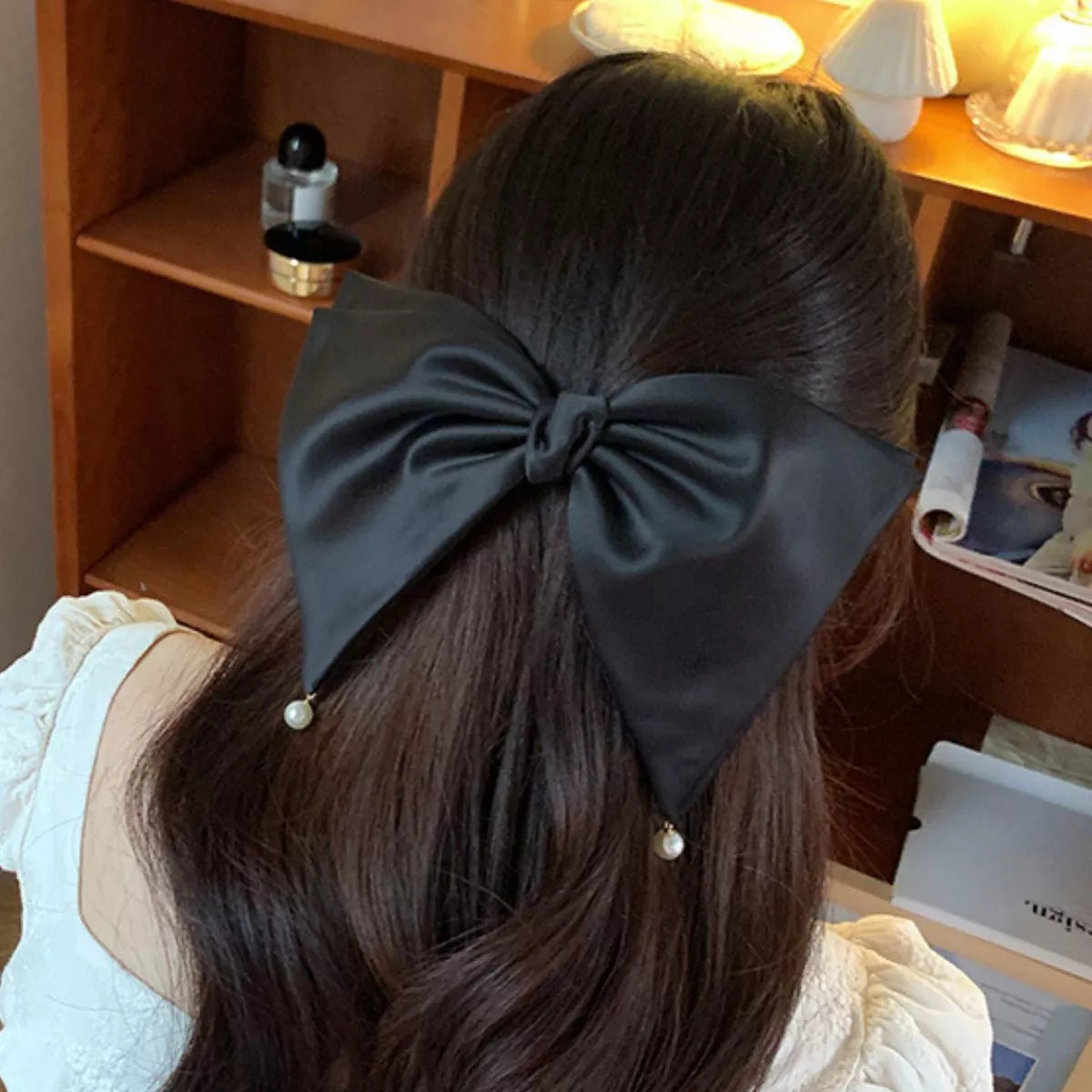 Satin Pearl Bow Hair Clip elegant hairstyle