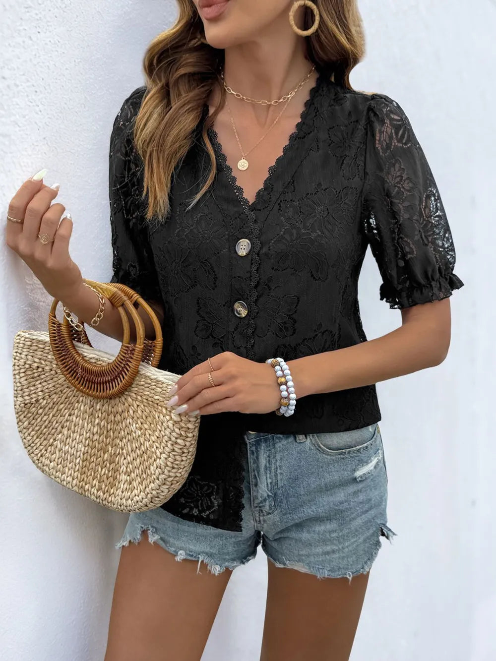 Perfee Lace Button Down Short Sleeve Shirt lace detail