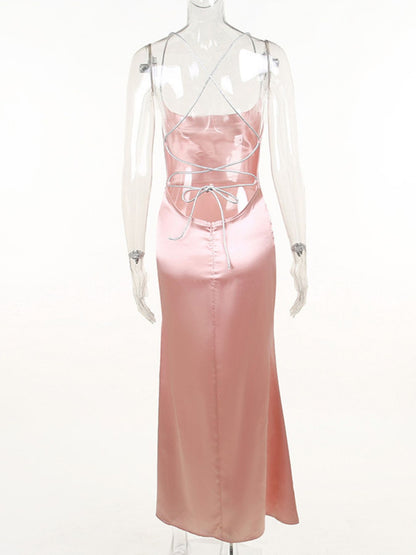 Slinky satin cowl neck dress evening outfit