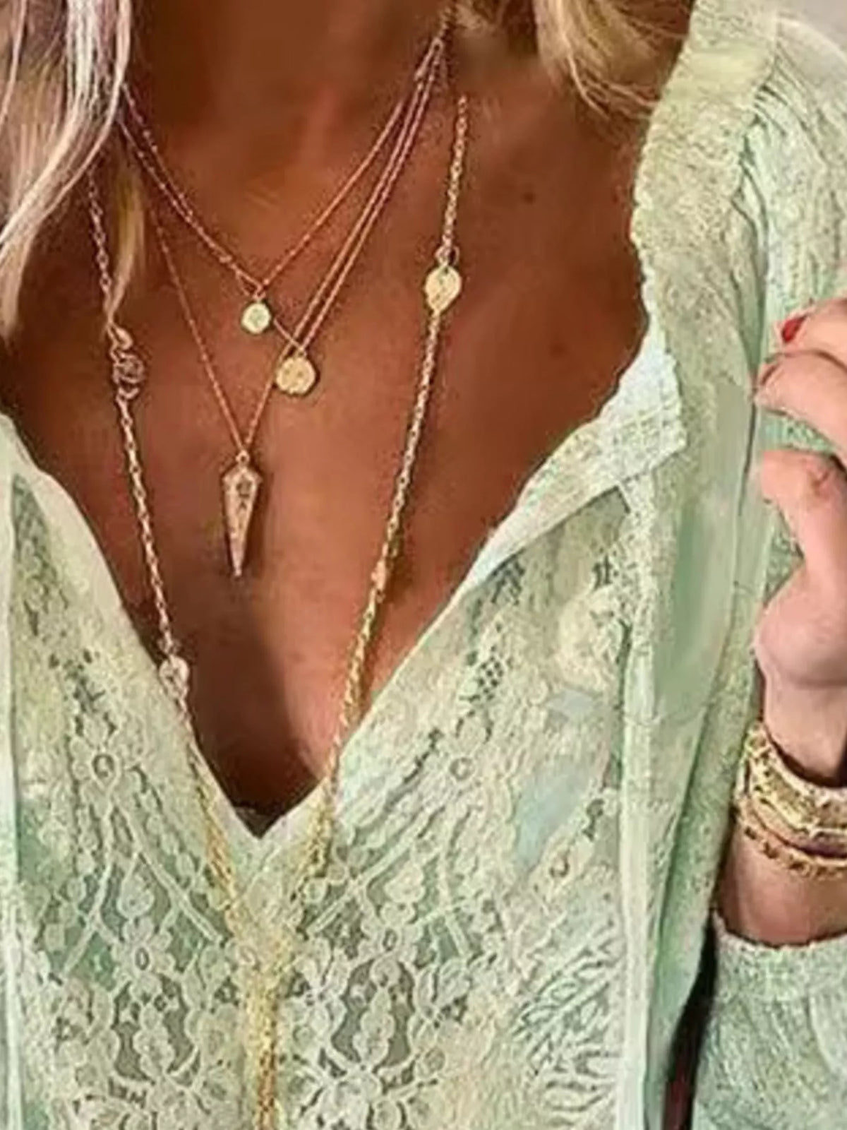 Elegant Lace Neck Blouse khaki style
