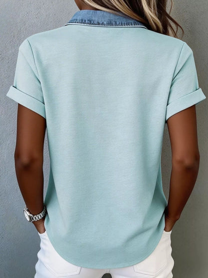 Denim Trim Short Sleeve Shirt denim trim detail