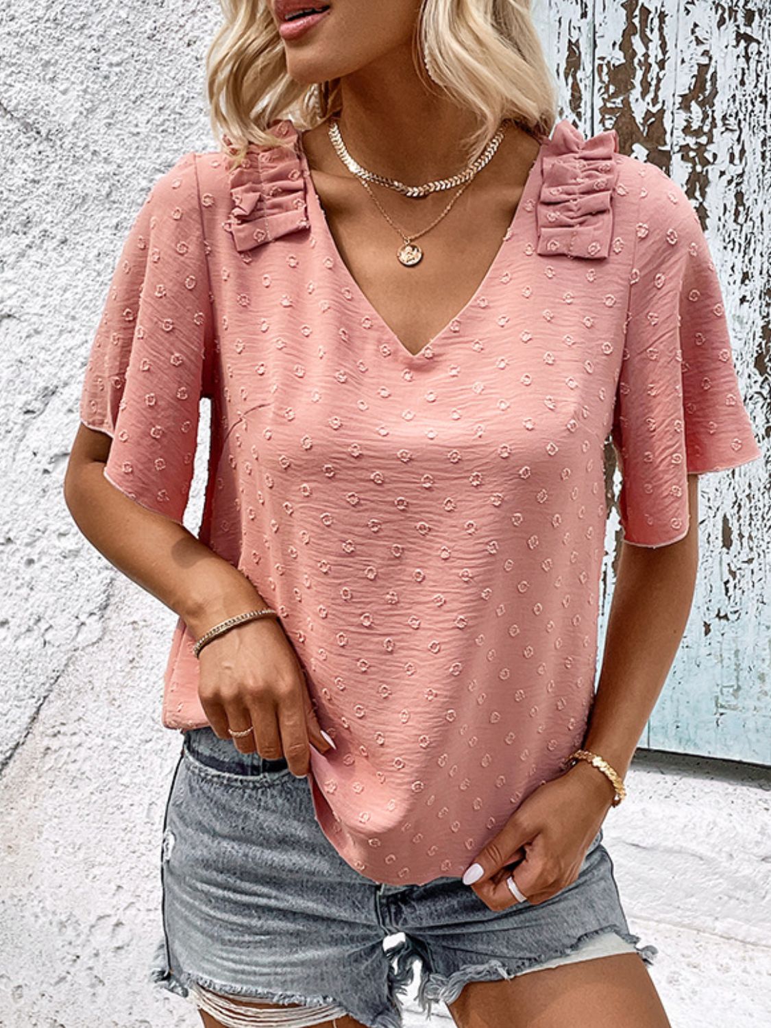 Perfee Swiss Dot V-Neck Blouse casual outfit