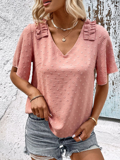 Perfee Swiss Dot V-Neck Blouse casual outfit