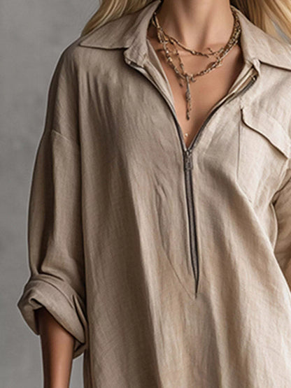 Fringe Hem Zip-Up Shirt Dress women&