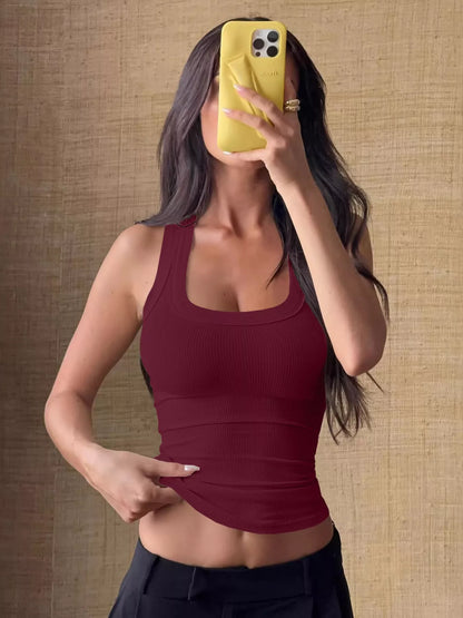 Ribbed Knit Slim Fit Tank Top in burgundy, showcasing stylish stretch and a flattering fit for versatile outfits.