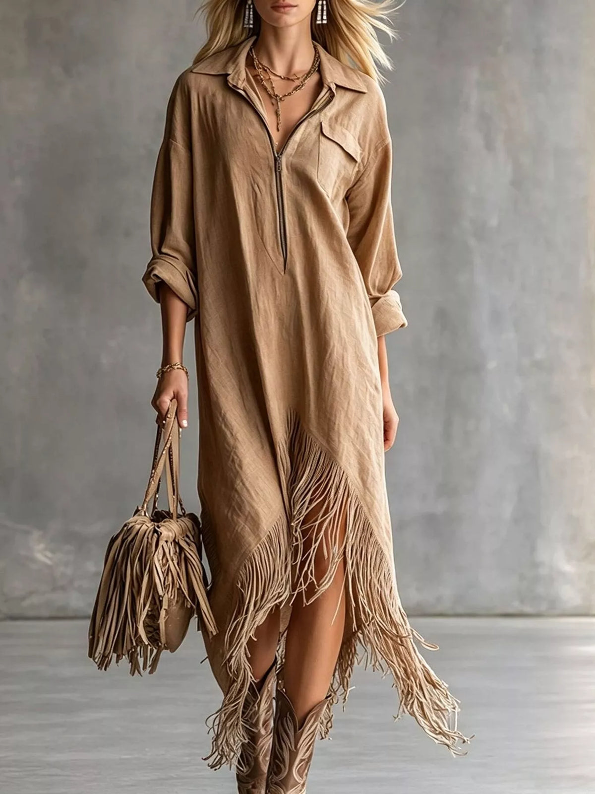 Fringe Hem Zip-Up Shirt Dress women&