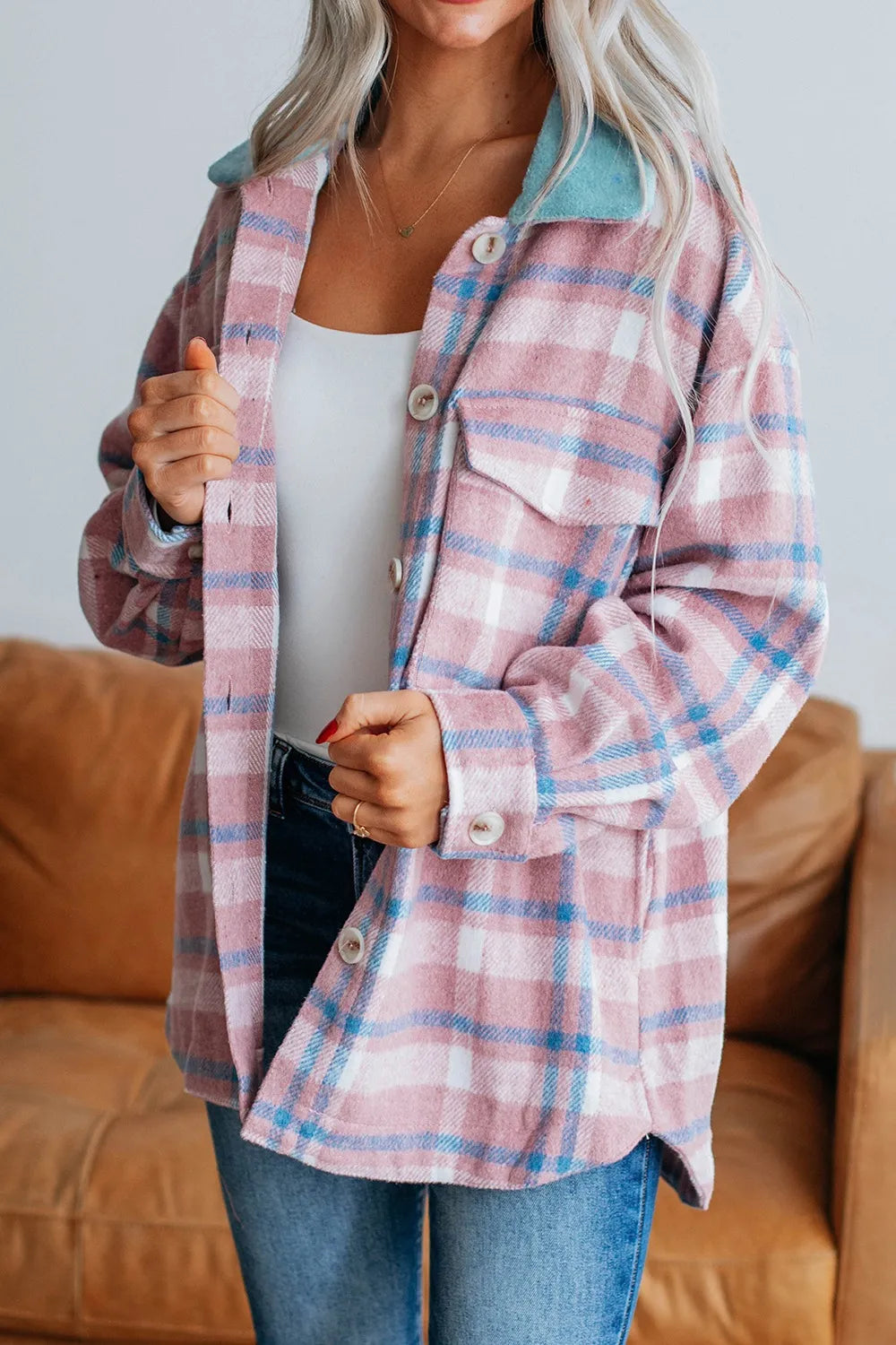 Stylish Plaid Shacket with Pockets plaid pattern