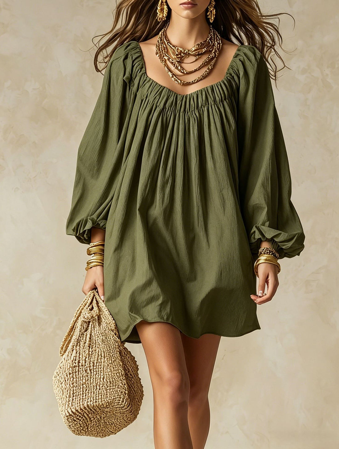 Bohemian Lantern Sleeve Dress front view