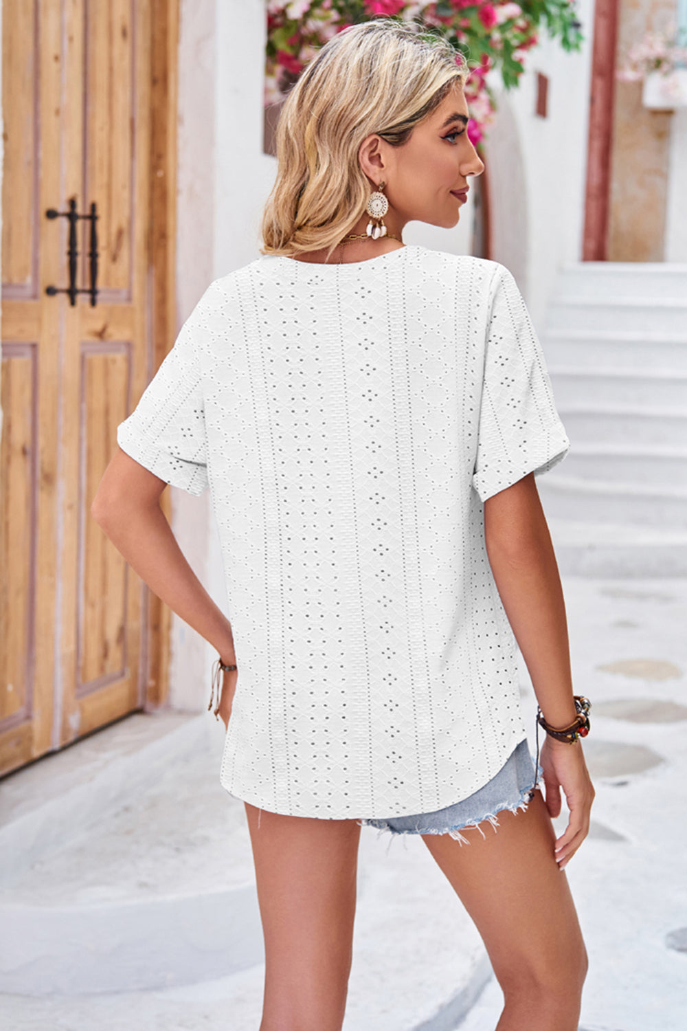 Buttoned Notched Neck Eyelet Top notched neckline