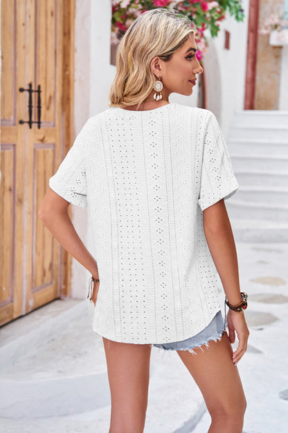 Buttoned Notched Neck Eyelet Top notched neckline