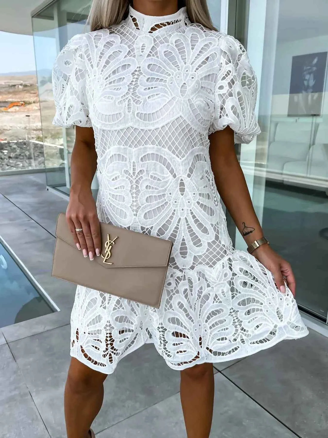 Elevate Your Style with Our Lace Mock Neck Puff Sleeve Dress