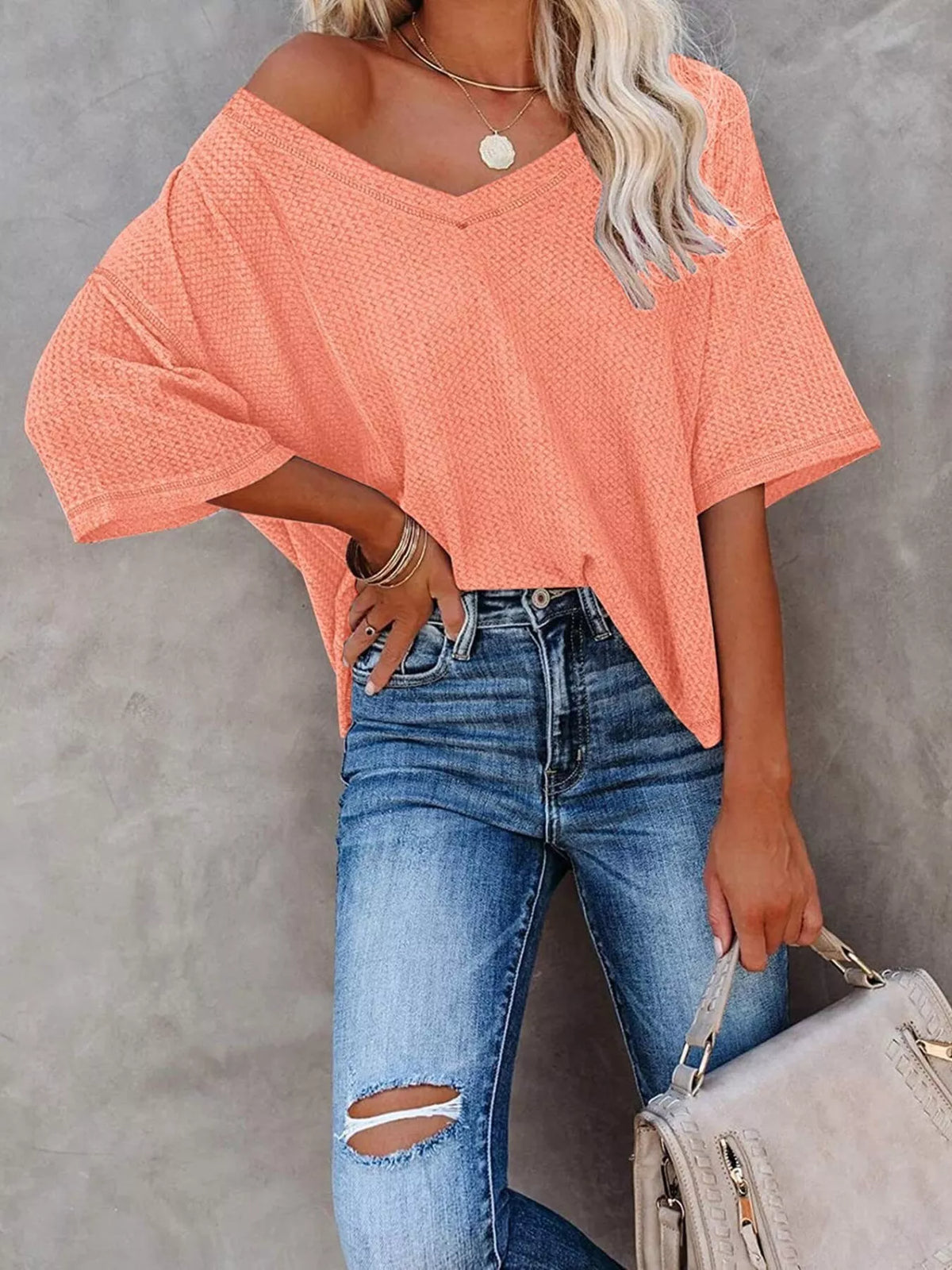 Waffle knit v-neck t-shirt casual outfit