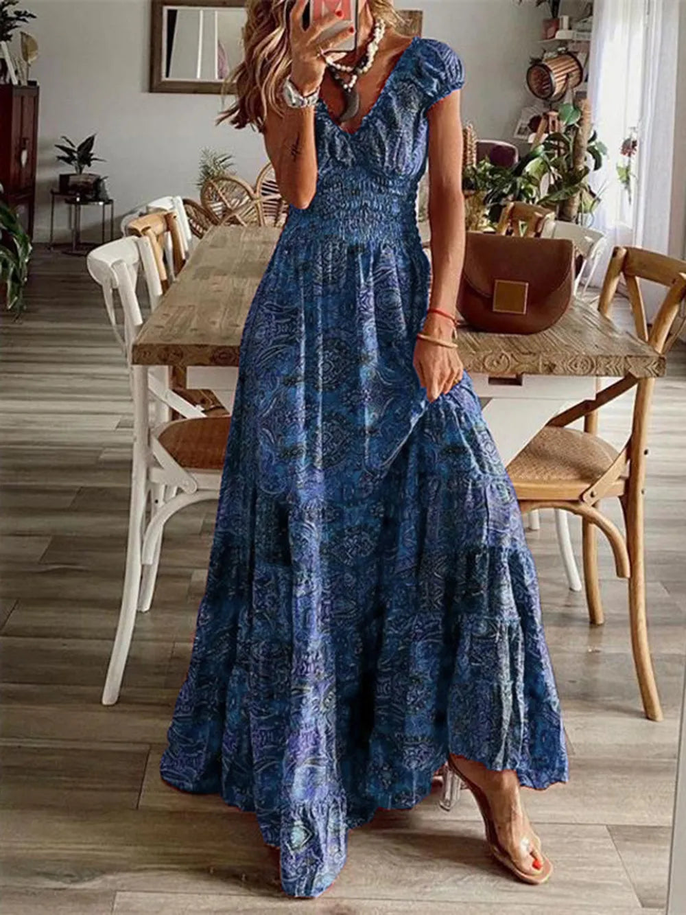 Smocked v-neck short sleeve dress smocked detail