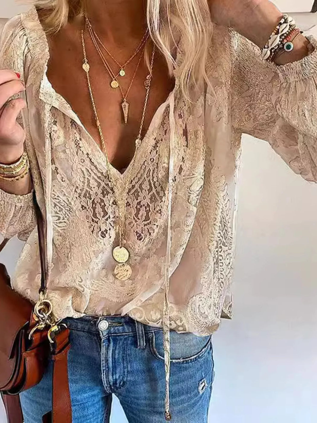 Elegant Lace Neck Blouse khaki style