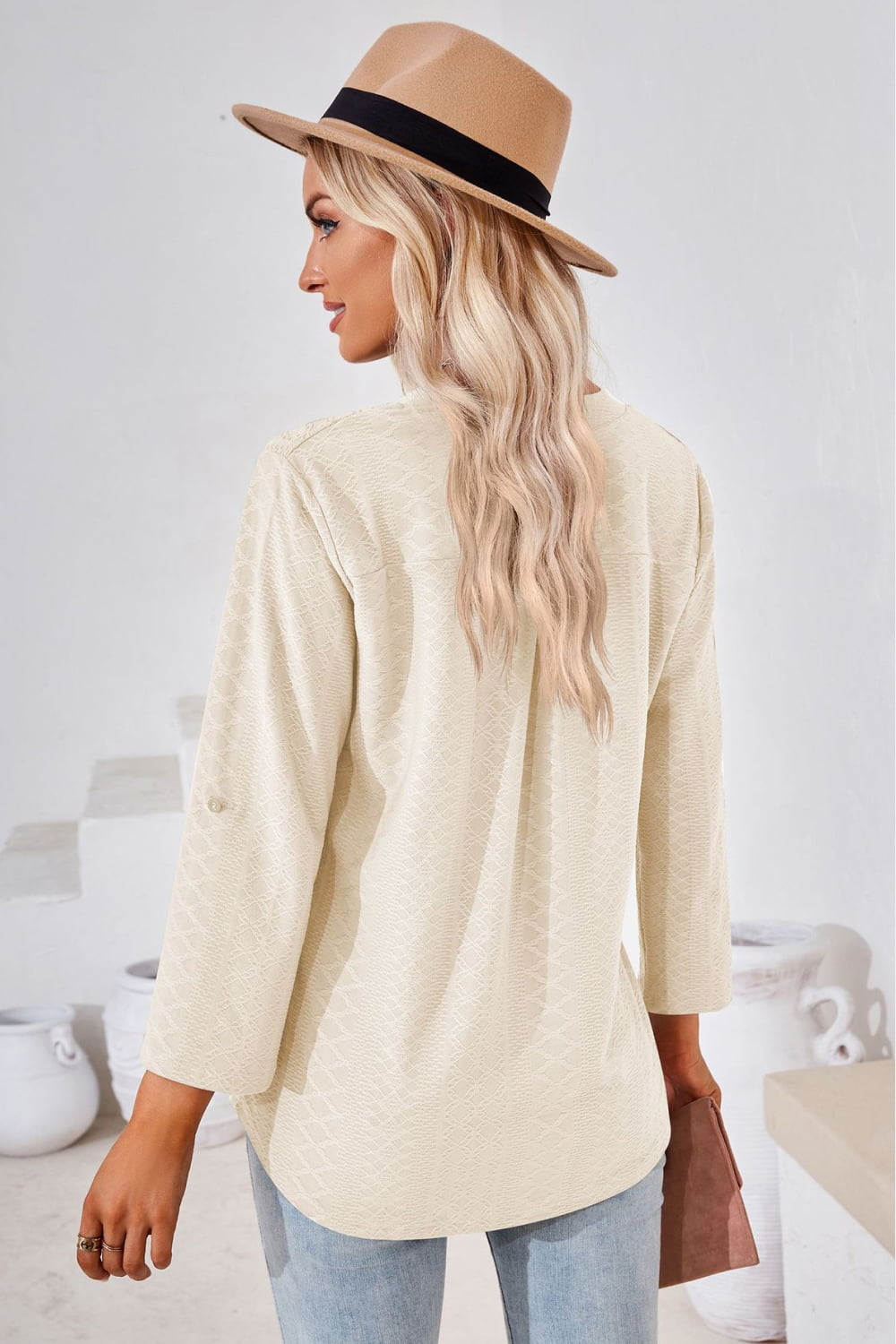 V-Neck Roll-Tap Sleeve Blouse casual outfit