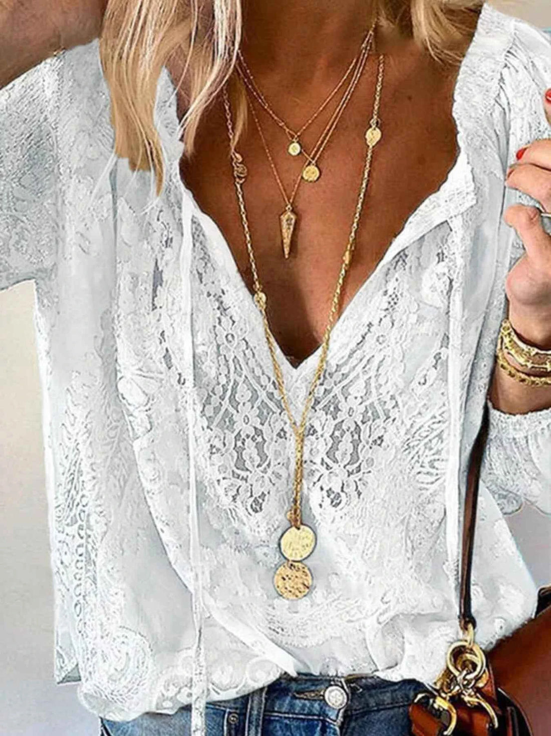 Elevate Your Style with Our Elegant Lace Tie-Neck Blouse