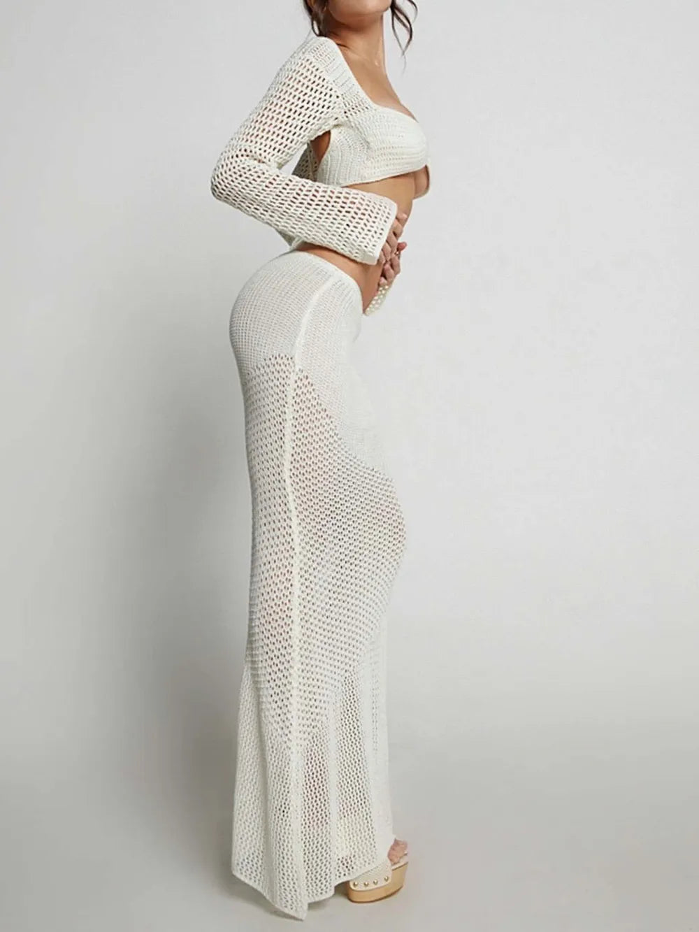 Tied Long Sleeve Cover Up Set openwork design