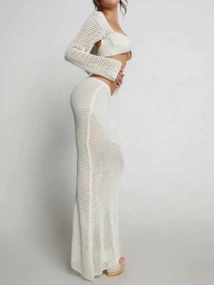 Tied Long Sleeve Cover Up Set openwork design