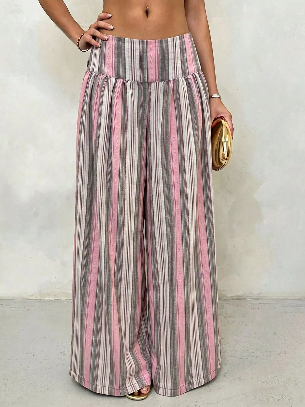 High-Waisted Striped Wide-Leg Pants in pink and green stripes, featuring a wide-leg design and flattering high waist.