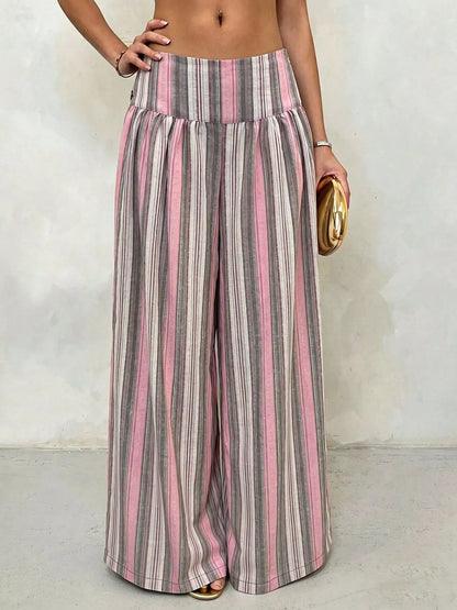 High-Waisted Striped Wide-Leg Pants in pink and green stripes, featuring a wide-leg design and flattering high waist.