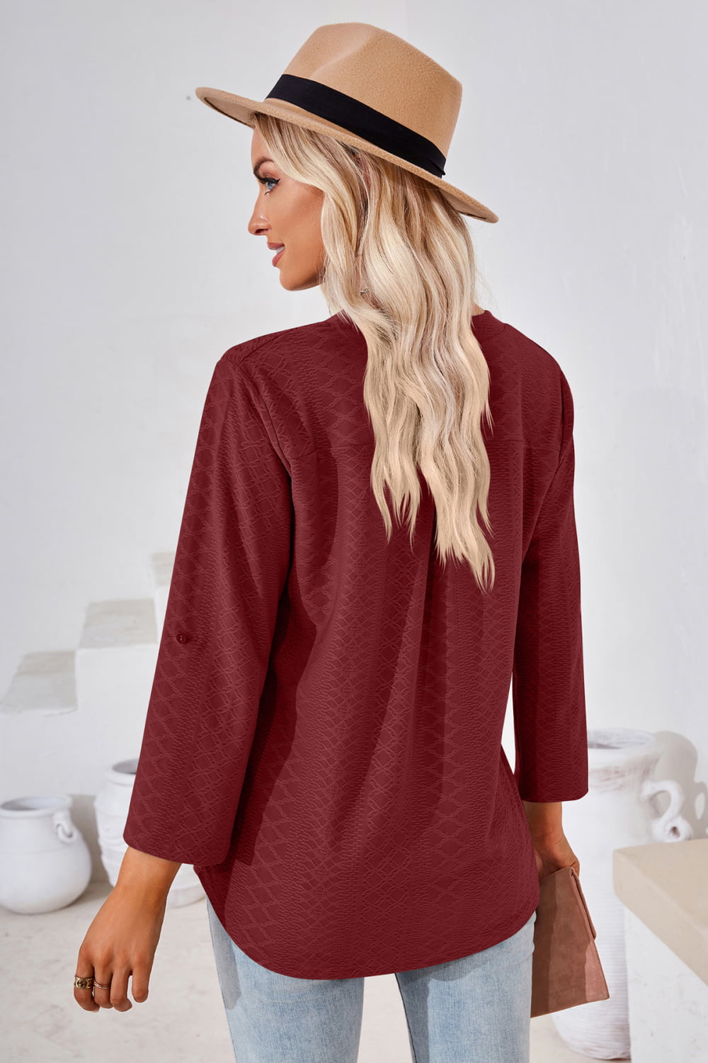 V-Neck Roll-Tap Sleeve Blouse casual outfit