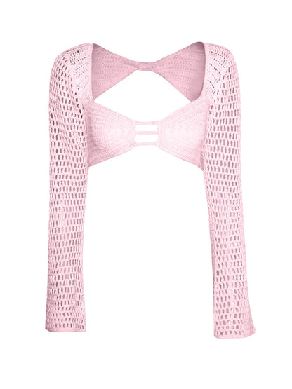 Tied Long Sleeve Cover Up Set openwork design