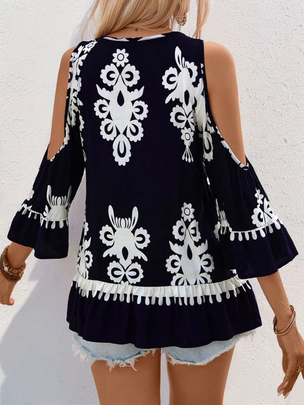 Tassel Tie Neck Cold Shoulder Blouse styled outfit