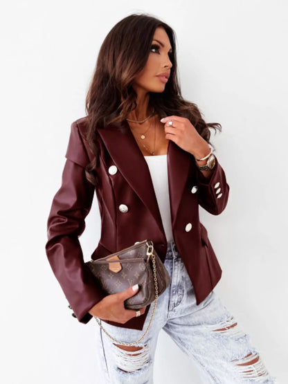 Lapel Collar Leather Blazer double-breasted design