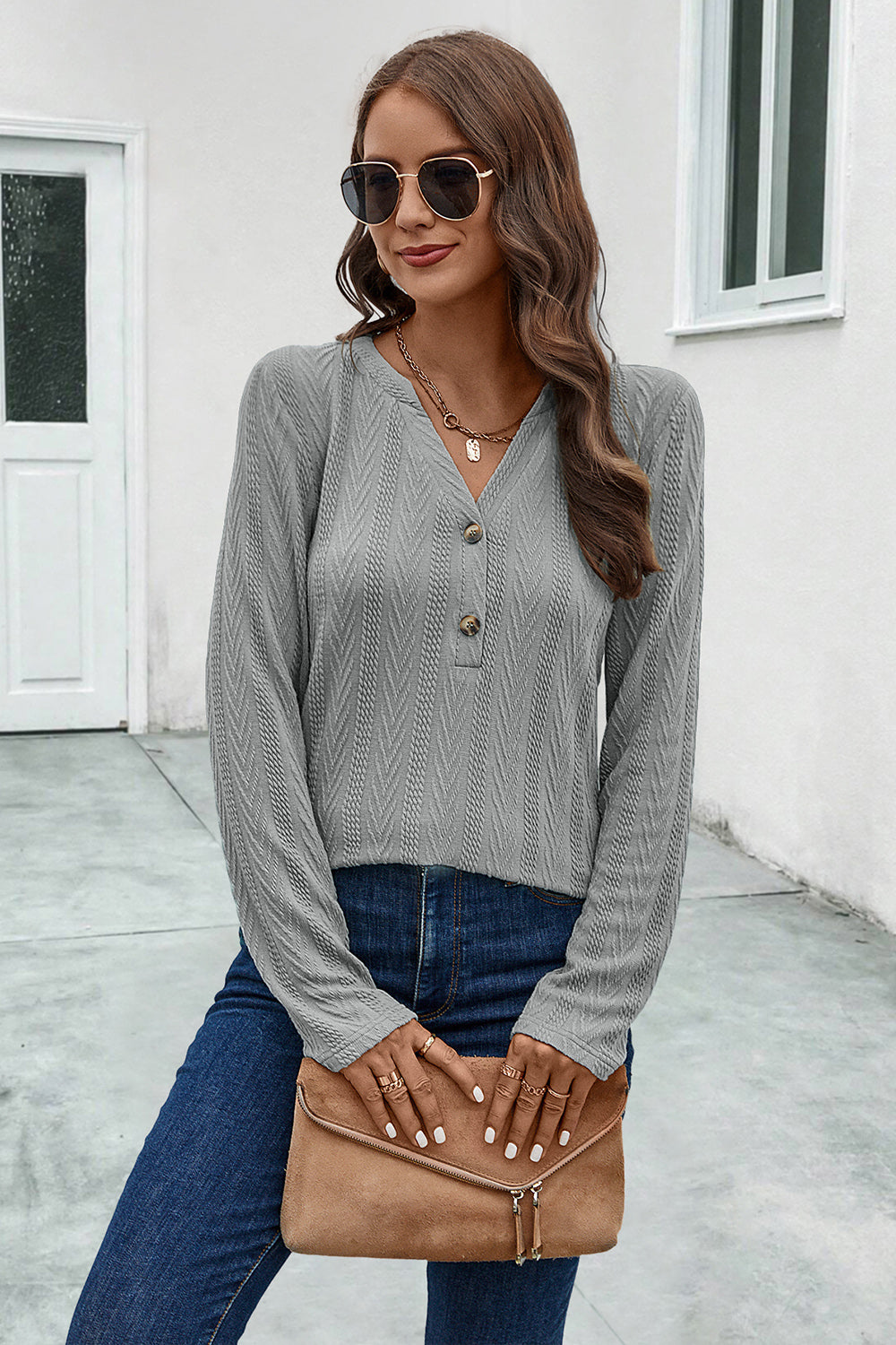 Buttoned Notched Neck Long Sleeve T-Shirt long sleeve design