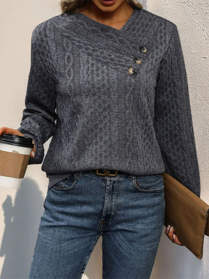 Perfee Decorative Button Sweatshirt styled outfit