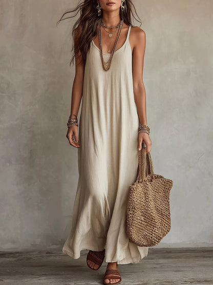 Elegant Spaghetti Strap Maxi Dress beige style