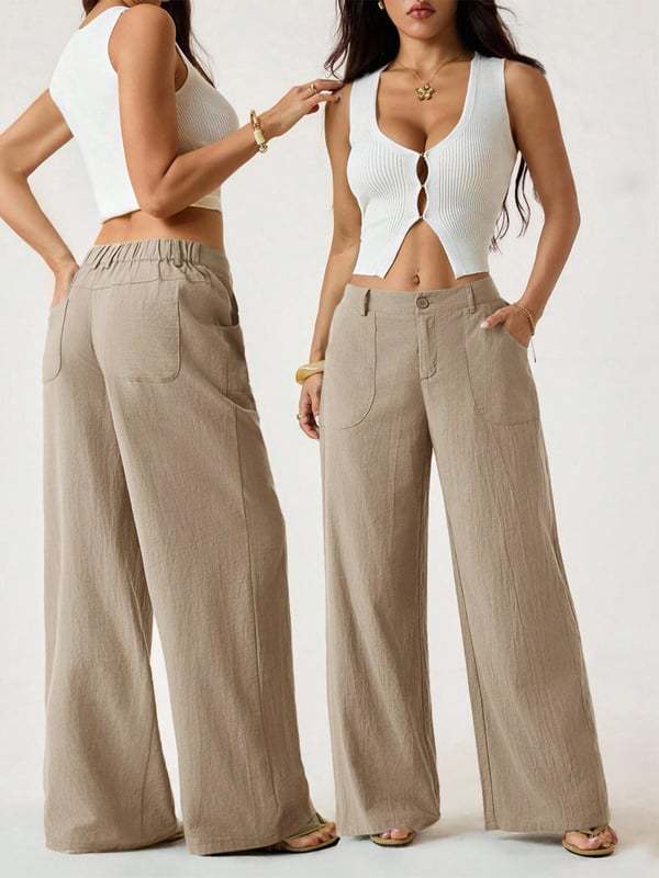 Cotton Linen Wide-Leg Pants worn by a model, showcasing stylish and casual women&