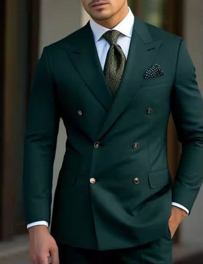Mens suit set featuring a stylish double-breasted blazer in dark green, perfect for business and casual events.