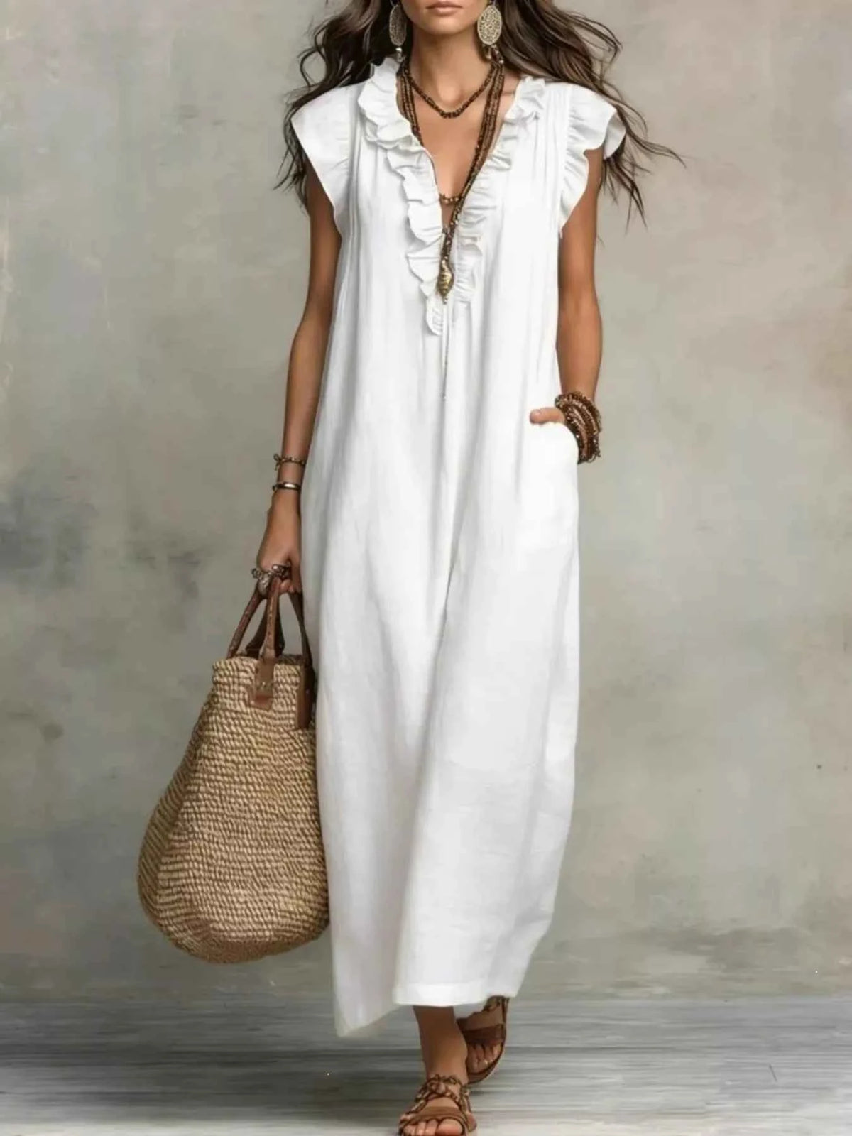 Plus size ruffled maxi dress with V-neck