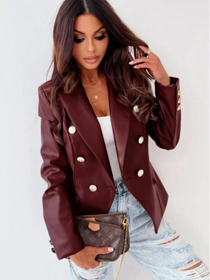 Lapel Collar Leather Blazer double-breasted design