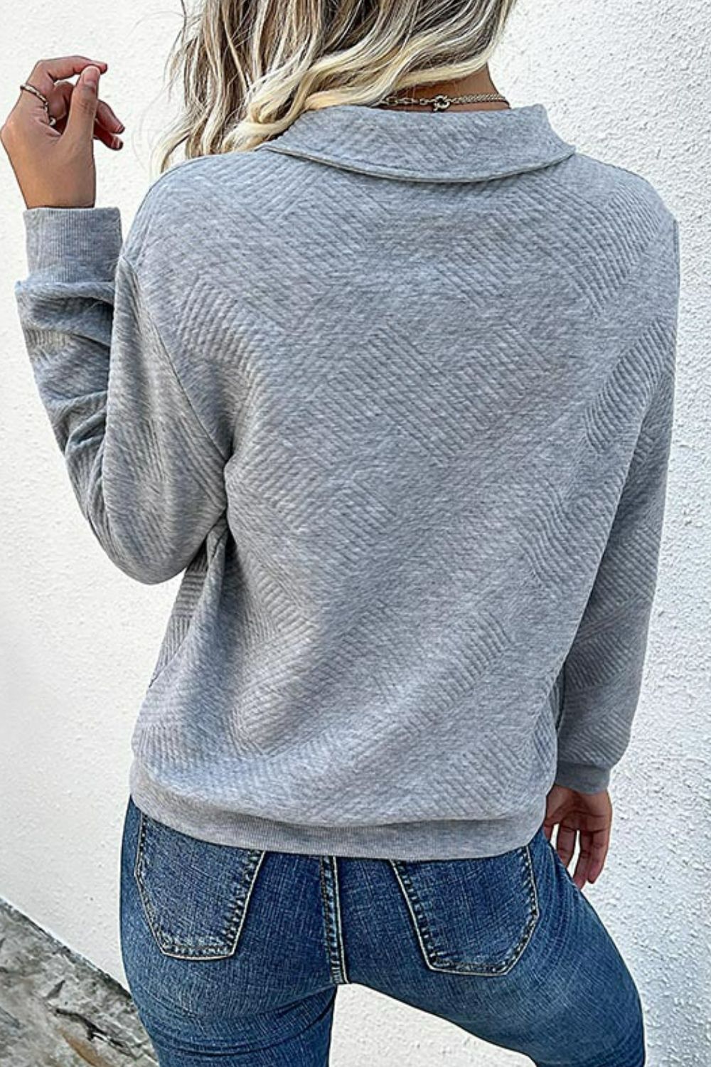 Perfee Contrast Ribbed Quarter-Snap Sweatshirt styled outfit